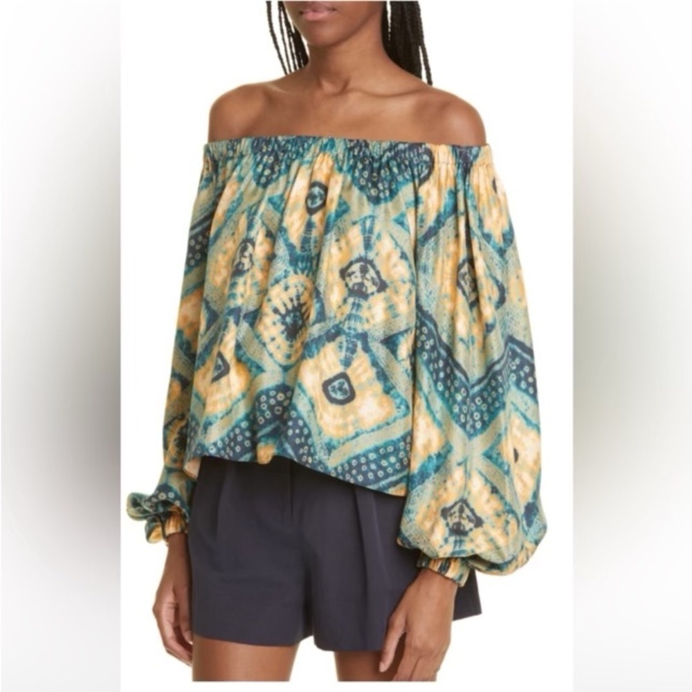 Ulla Johnson Teal and Mustard Off-Shoulder Peasant Blouse